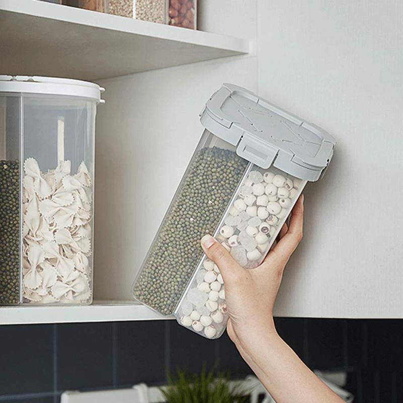 Clear Airtight Cereal Storage Container with Lids and Compartments - 2.3L Capacity for Grain, Sugar, Flour, Rice, Nuts, and Snacks